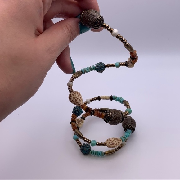 Boho Blue and Brown Spiral Bead Bracelet - Picture 2 of 6